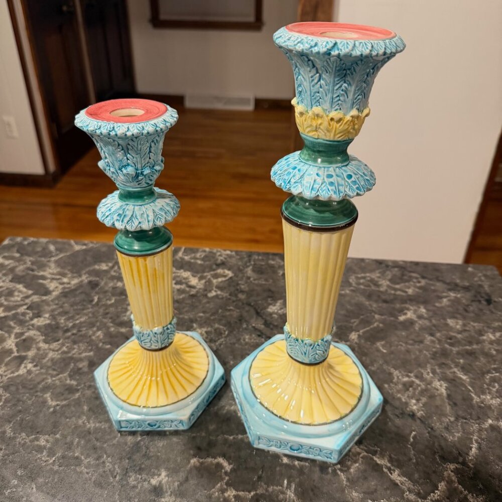 Vintage 2 Haldon Group Candlestick Holders 1988 (Majolica-Blue/Yellow)
